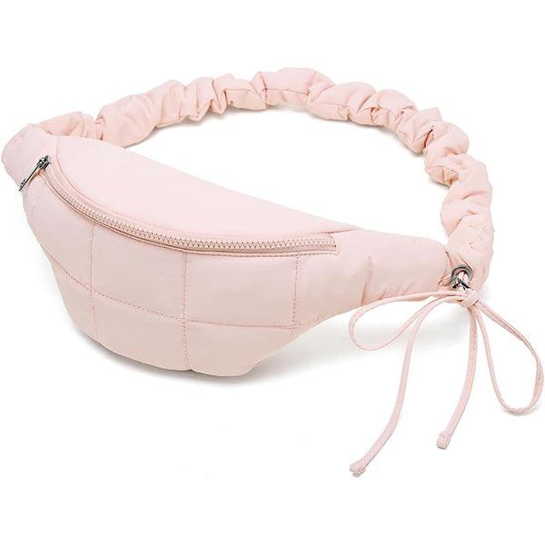 Aria Quilted Scrunchie Belt Bag in pale pink front view with gathered strap detail