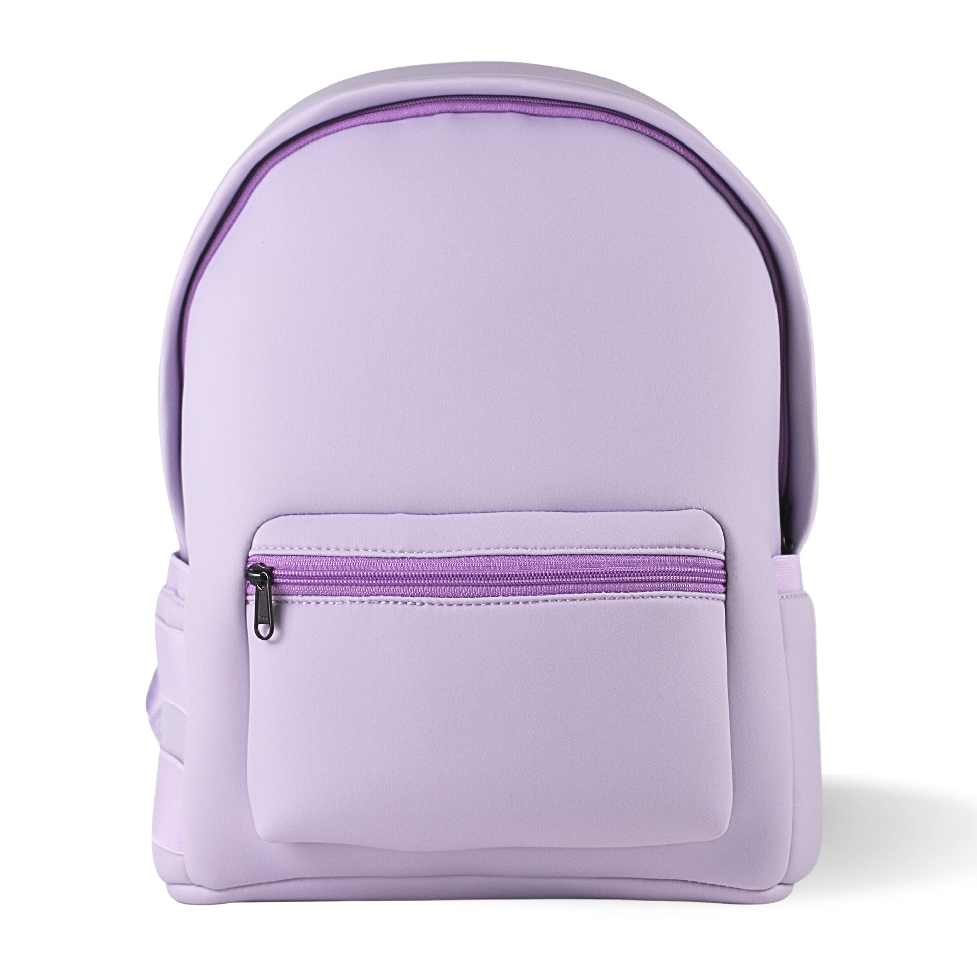 Serene Neoprene Backpack in lavender front view with rounded pocket and commuter-ready shape