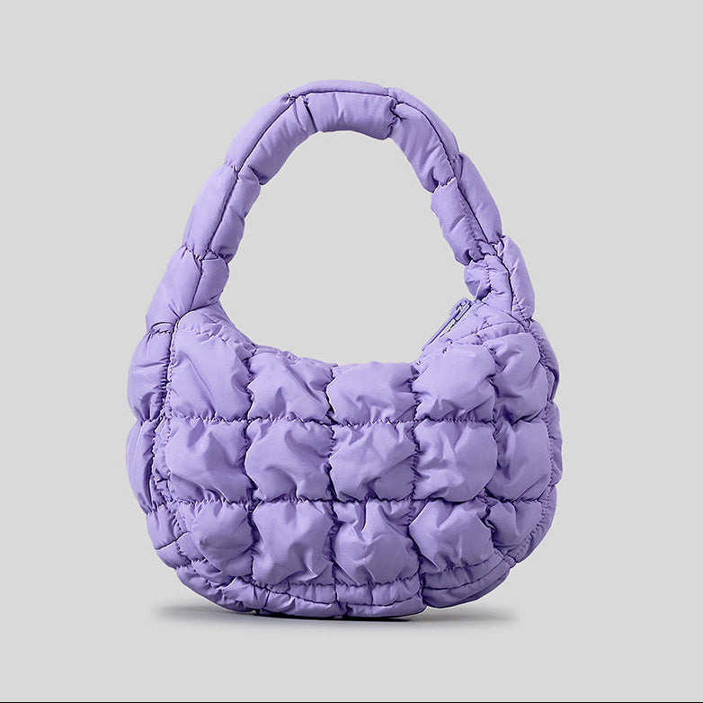 Lavender Puffy Quilted Hobo bag front view showing soft padded texture and shoulder handle