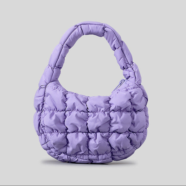 Lavender Puffy Quilted Hobo Bag front view in soft lavender on a neutral background