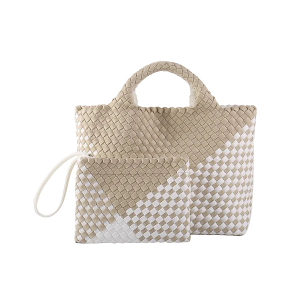 Miro Geometric Woven Tote in neutral beige front view with matching pouch