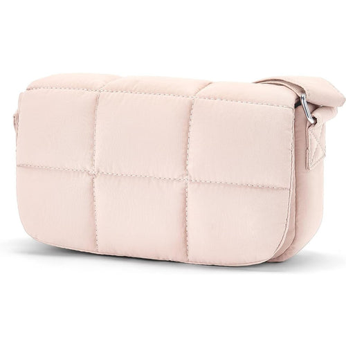 Aria Quilted Puffer Crossbody in pale pink front view with padded square quilting