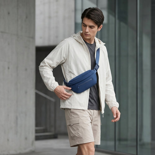 Man wearing a white jacket and beige shorts with a blue waist bag, standing against a modern building.