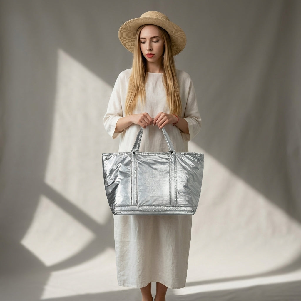 Stellar Metallic Padded Tote Chic Commuter Shopper Bag main product image