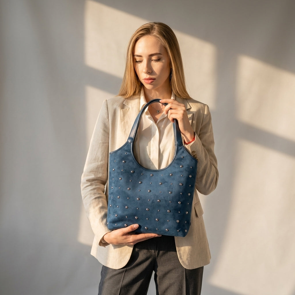 Woman holding a blue textured handbag against a neutral background