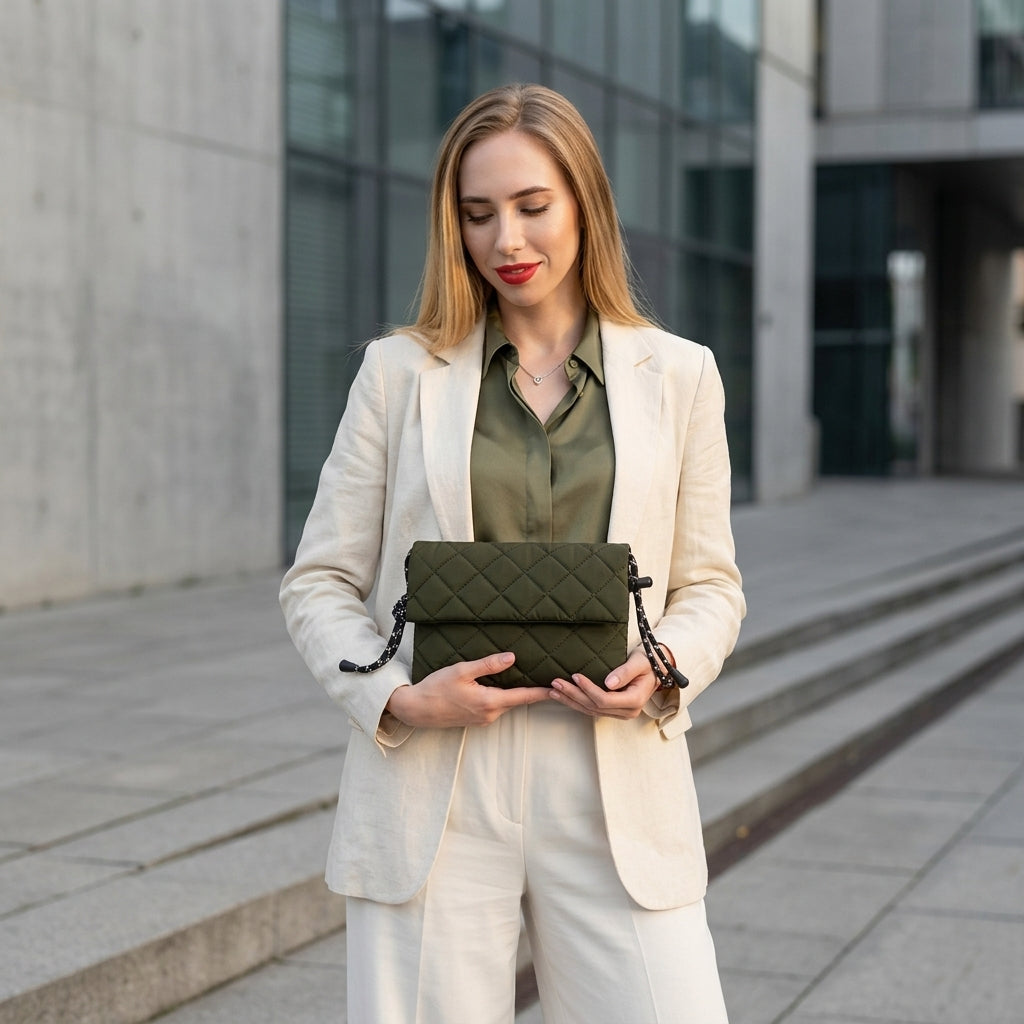 Woman holding a green quilted handbag in an urban setting