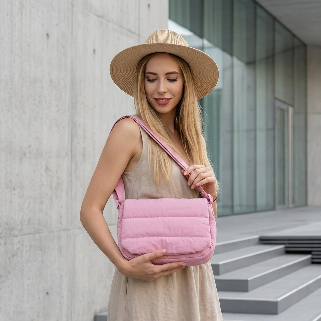 Woman holding a pink quilted bag outdoors
