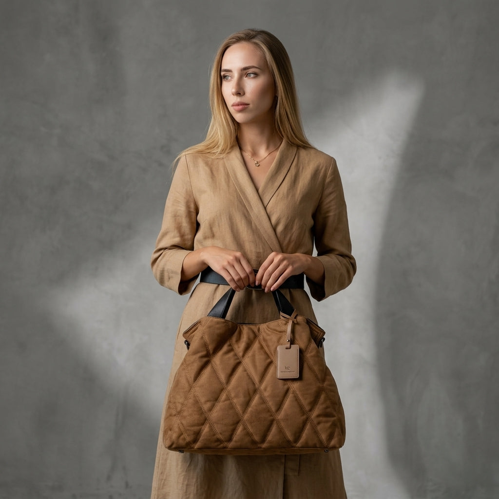 Woman holding a quilted brown handbag against a gray background