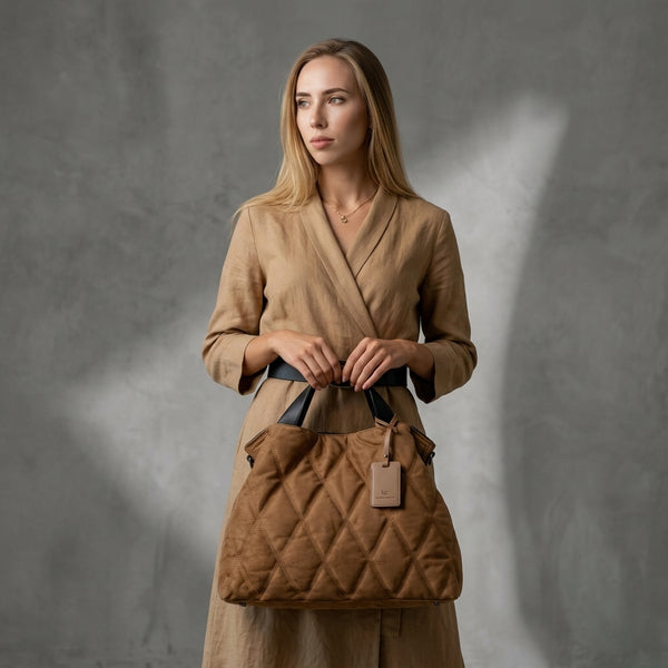 Woman holding a quilted brown handbag against a gray background