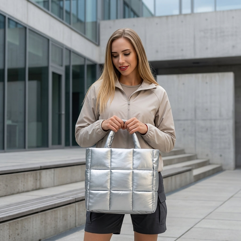 Woman holding a silver quilted bag in an urban setting