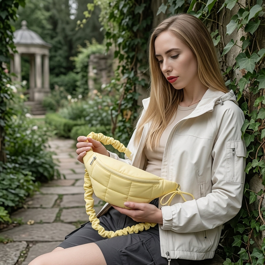 Woman holding a yellow bag in a garden setting