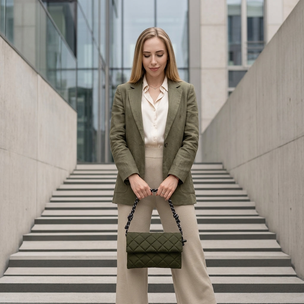 Woman in a green blazer holding a matching handbag on a staircase.