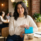 Woman sitting at a table with a blue clutch, smiling in a casual indoor setting