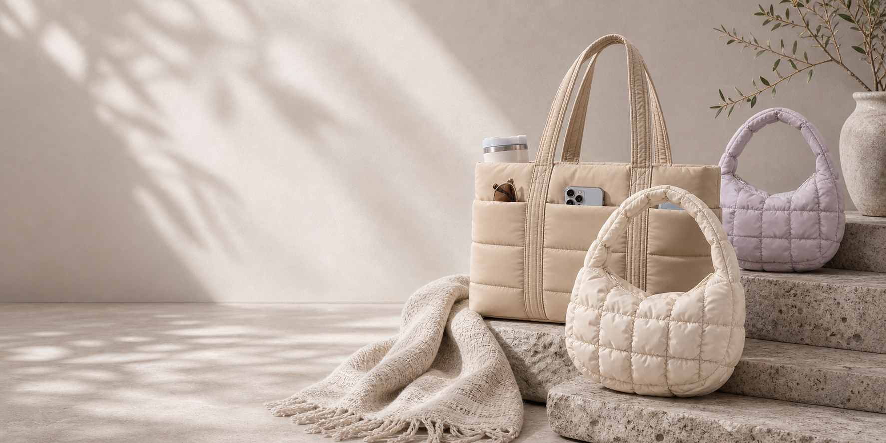 Caprishe soft carry collection with beige puffer tote, cream quilted hobo, and muted lavender bag
