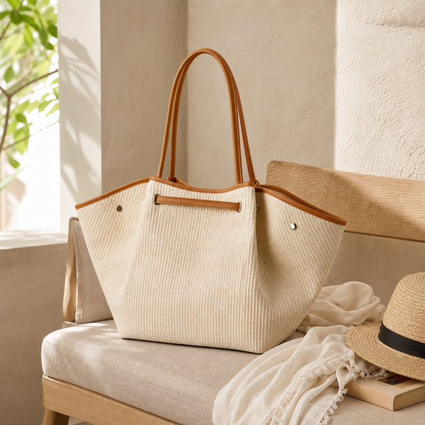 Elysian Winged Straw Tote styled on a sunlit bench with natural woven texture and tan trim