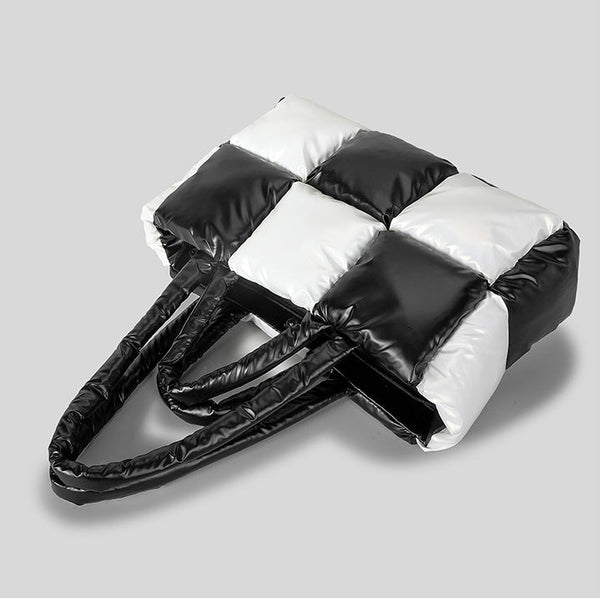 Aria Quilted Checkered Tote angled detail showing padded checker texture