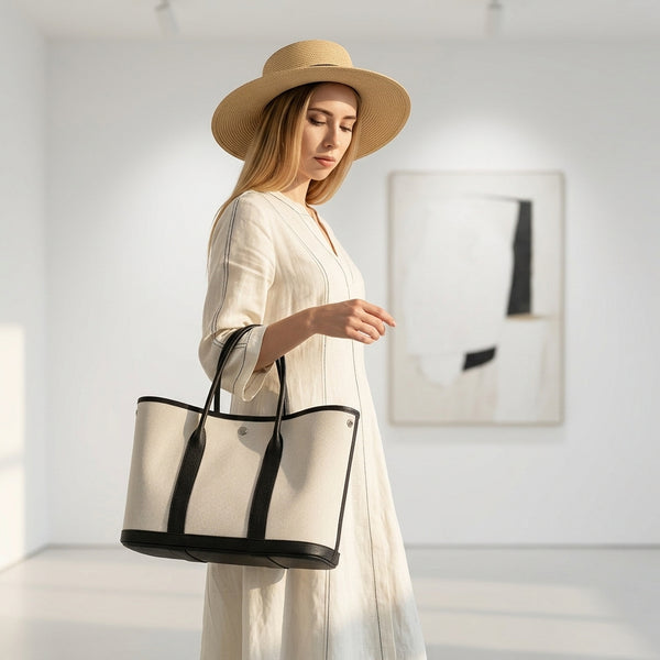 Signature canvas and leather tote bag for women with minimalist commuter design