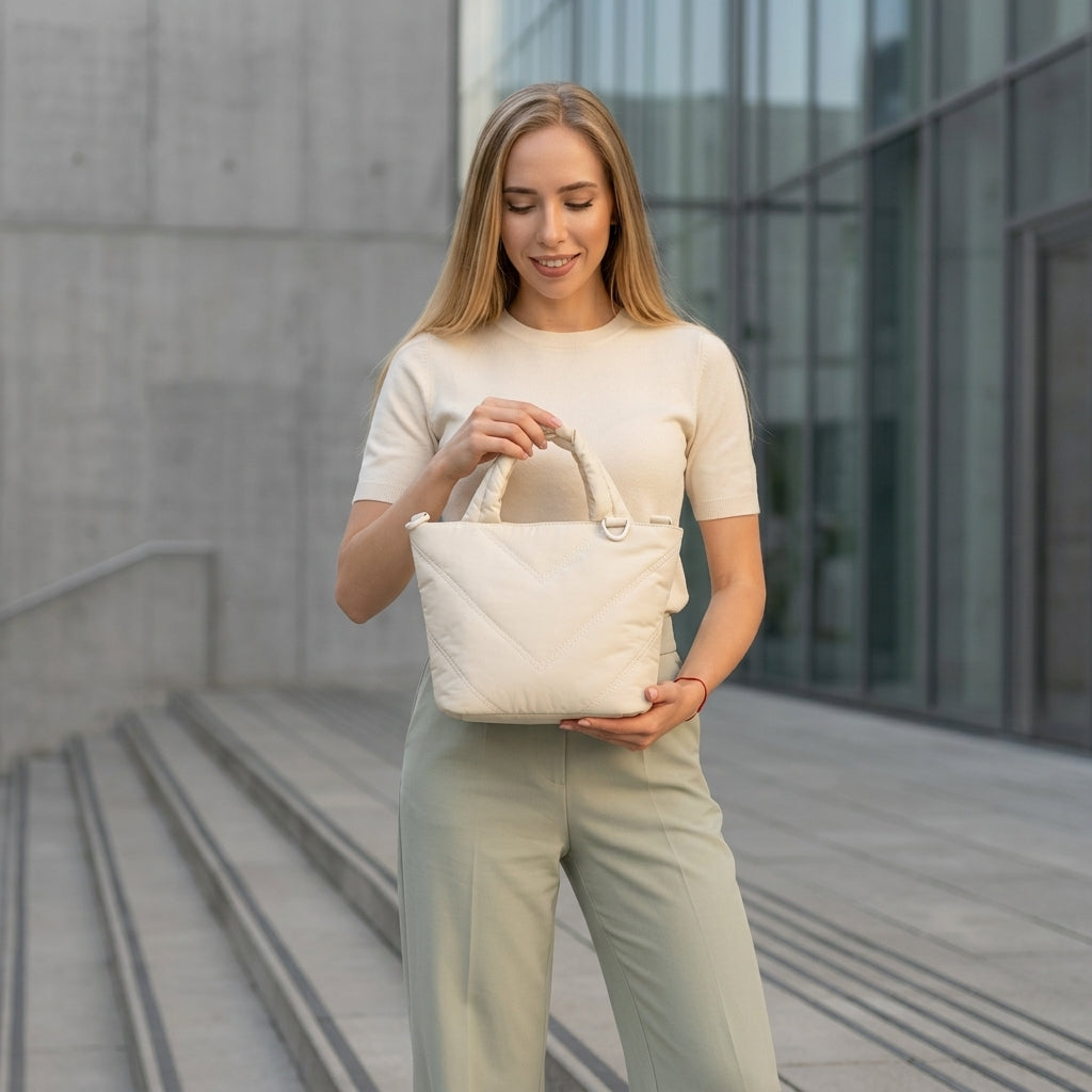 Aura Padded Mini Tote - Cream Quilted Handbag for Daily Commute